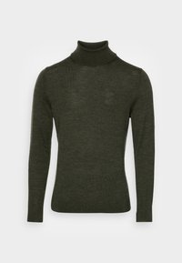Maglione a maniche lunghe verde scuro con collo a dolcevita, dotato di un piccolo logo sul petto, silhouette aderente e colletto, polsini e orlo a costine.