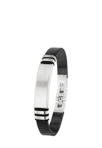 Pulsera de cuero negro y acero inoxidable, con un centro metálico liso que presenta dos bandas de acento negro y un cierre de gancho.