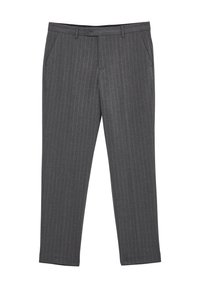 Pantaloni grigi a righe sottili, con taglio dritto, passanti per cintura, tasche laterali e chiusura con bottone. Tessuto liscio con finitura sartoriale.