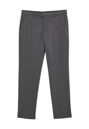 Grau gestreifte Hose mit geradem Schnitt, Gürtelschlaufen, seitlichen Taschen und Knopfverschluss. Glattes Material mit maßgeschneiderter Verarbeitung.
