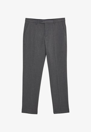 Grau gestreifte Hose mit geradem Schnitt, Gürtelschlaufen, seitlichen Taschen und Knopfverschluss. Glattes Material mit maßgeschneiderter Verarbeitung.