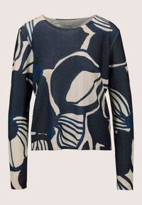 Marineblaues Sweatshirt mit cremefarbenen abstrakten Blumenmustern, mit Rundhalsausschnitt und langen Ärmeln, aus einem strukturierten Stoff gefertigt.