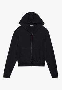 Felpa nera con zip, dotata di un ampio cappuccio, tasche frontali e polsini a costine. Texture liscia e design semplice, adatta per un look casual.