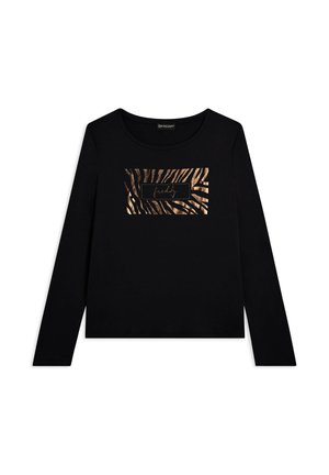 Maglietta nera a maniche lunghe con collo rotondo, caratterizzata da una grafica a strisce zebrate dorate al centro e la parola "freddy" in un design rettangolare.