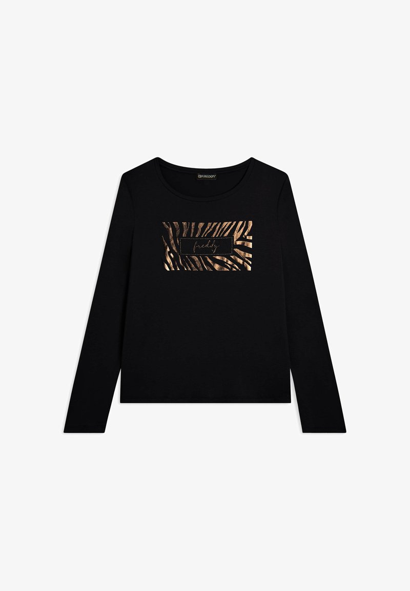 Maglietta nera a maniche lunghe con collo rotondo, caratterizzata da una grafica a strisce zebrate dorate al centro e la parola "freddy" in un design rettangolare.