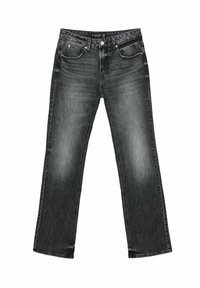 Jeans in denim nero, taglio dritto, texture sbiadita, design a cinque tasche con rivetti in metallo e accenti di cucitura. Etichetta visibile in vita.