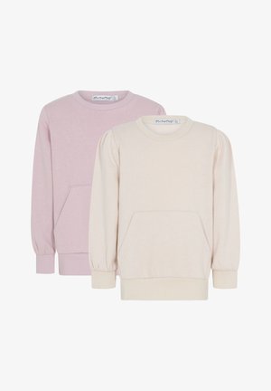 Du žieminiai megztiniai ilgomis rankovėmis: vienas šviesiai rožinis, kitas kremiškai baltas. Abu turi apvalų iškirpimą, elastingas rankoves ir priekines kengūros kišenes.