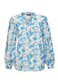 Mehrfarbige Bluse mit einem blau-weißen abstrakten Muster. Leichte, durchsichtige Stoff mit einem Rüschensaum und langen, puffigen Ärmeln.