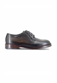 Scarpe eleganti in pelle nera con profilo basso, punta rotonda e tacco sollevato. Presentano lacci e una texture liscia con una finitura lucida.