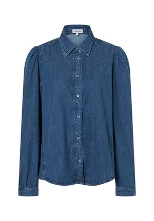 Long-sleeve blue denim button-up shirt with a pointed collar and slightly puffed shoulders.