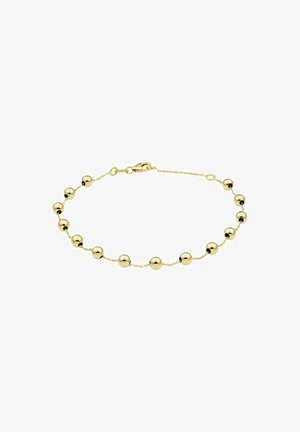 Gouden armband met afwisselend bolvormige kralen en kleine schakels, voorzien van een karabijnsluiting. Gladde afwerking en glanzende textuur.