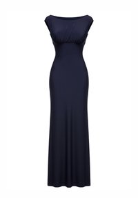 Marineblå maxi-kjole i strækstof med rund halsudskæring, rynkede detaljer ved brystet og en tætsiddende silhuet.