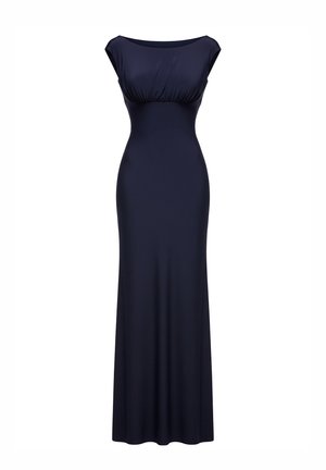 Granatowa sukienka maxi z elastycznego materiału, z dekoltem w kształcie litery U, marszczeniem na biuście i dopasowaną sylwetką.