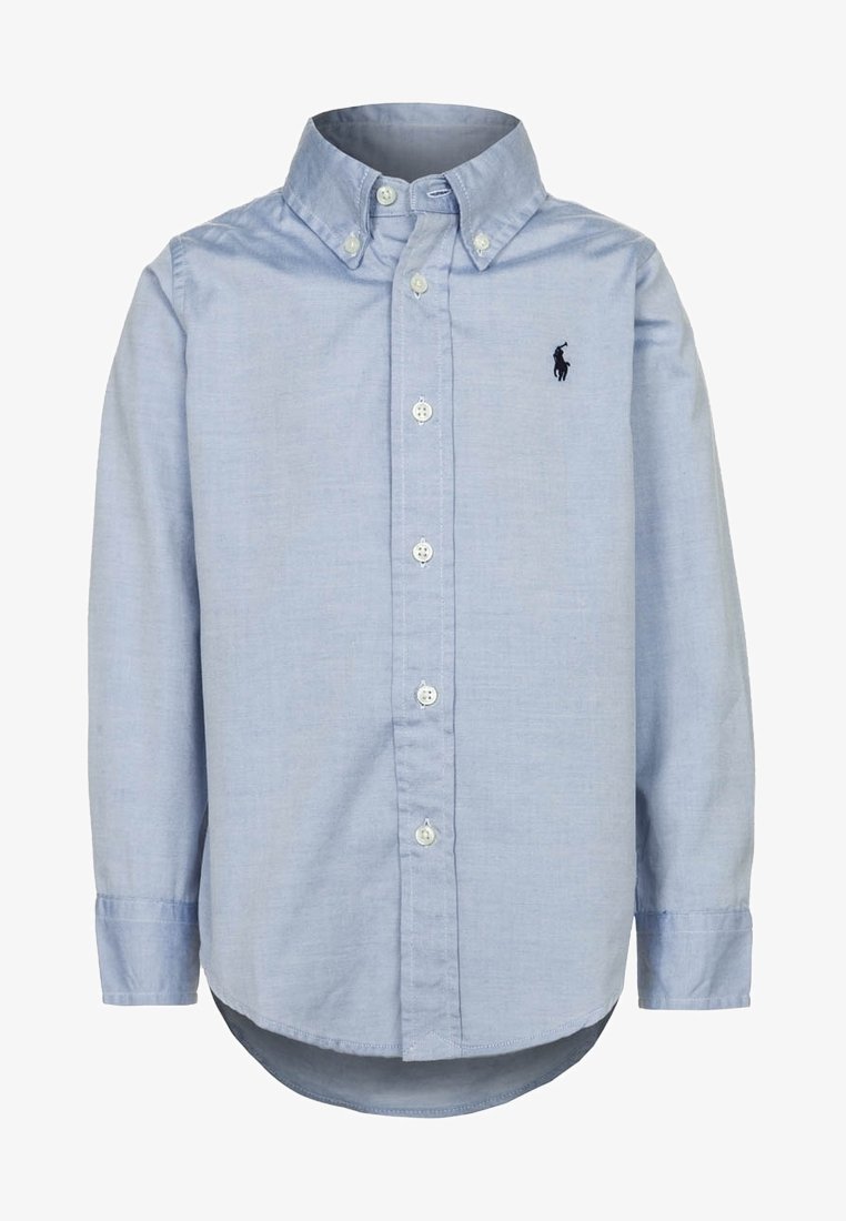 Camicia azzurro chiaro a maniche lunghe in cotone. Presenta un colletto con bottoni, un patta frontale con bottoni e un piccolo logo nero sul petto.