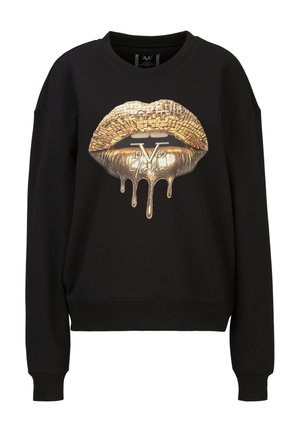 Sweat-shirt noir avec un design de lèvres en mosaïque dorée et un effet de peinture dorée dégoulinante, avec le texte "19V69 Italy" au centre.