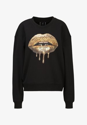 Zwarte sweatshirt met ontwerp van gouden mozaïeklippen en effect van druipende gouden verf, met in het midden de tekst "19V69 Italy".