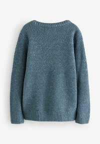 Maglione lavorato a maglia in verde scuro, con un design testurizzato, caratterizzato da scollatura e polsini a costine, e un motivo orizzontale lungo il corpo.