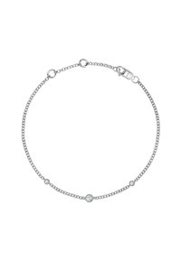 Pulsera de plata con tres gemas redondas y transparentes, distribuidas uniformemente a lo largo de una delicada cadena, que presenta un cierre de langosta.