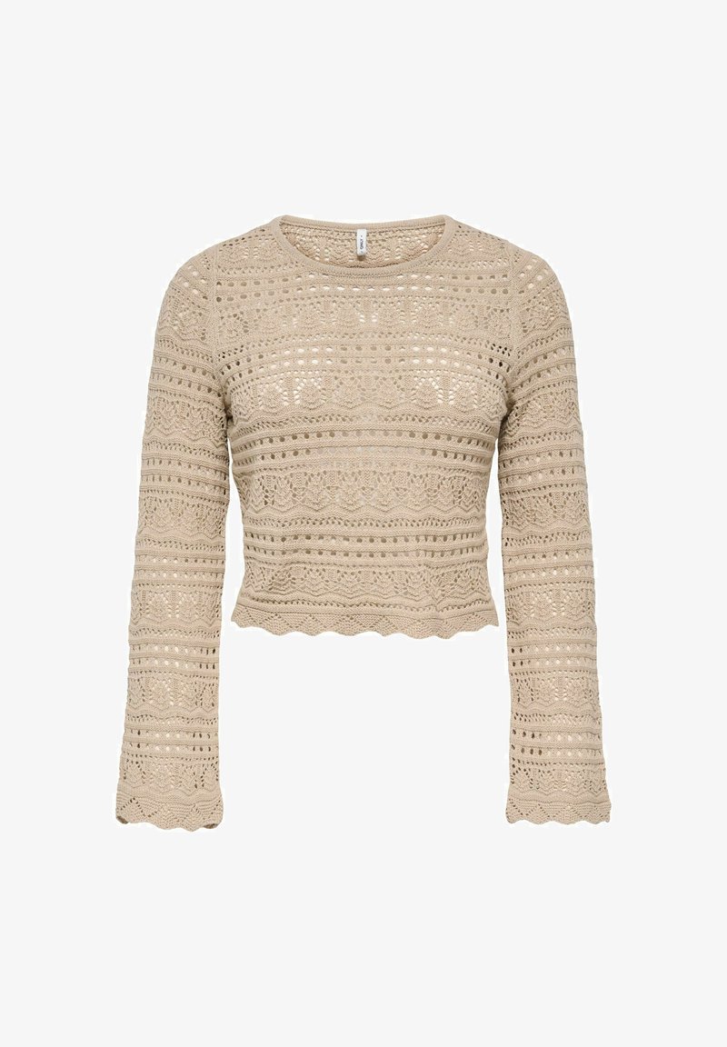 Pull court beige à manches longues, présentant une texture crochetée à motifs et un ourlet festonné, mettant en valeur des détails en travail ajouré.
