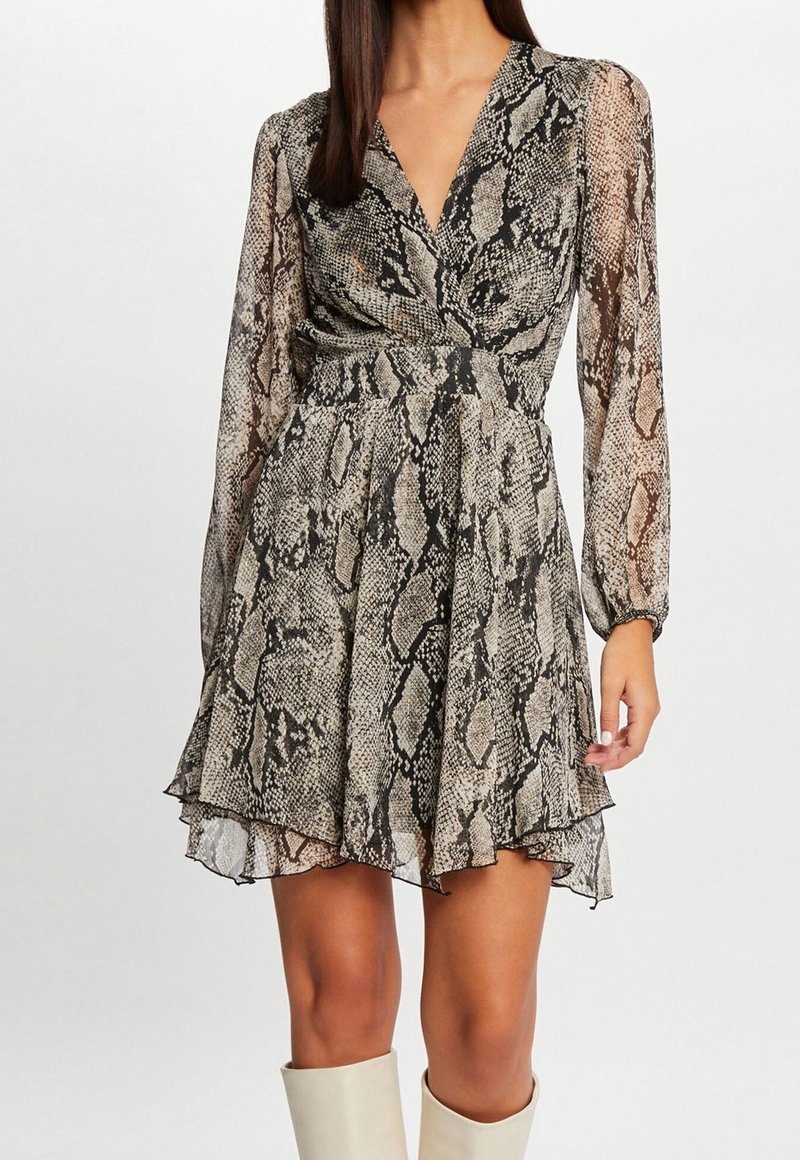 Robe courte avec un motif imprimé serpent, dotée de longues manches transparentes, d'un décolleté en V, d'une taille cintrée et d'une jupe à volants évasée.