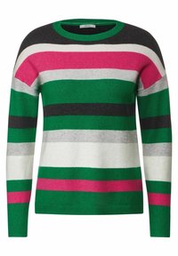 Groene, zwarte, roze, grijze en witte gestreepte trui met een ronde halslijn en lange mouwen. Zacht breigoed met geribbelde boorden en onderkant.