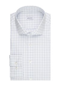 Chemise blanche à boutons avec motif à carreaux bleus, col classique, poignets doubles et boutons blancs, fabriquée en tissu coton léger.