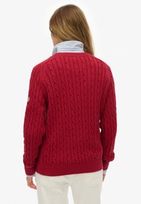 Czerwony sweter z grubym warkoczowym splotem, ze ściągaczami na mankietach i dole, pod którym widoczny jest kołnierz w niebiesko-białe paski. Na rękawie naszywka z flagą Stanów Zjednoczonych.