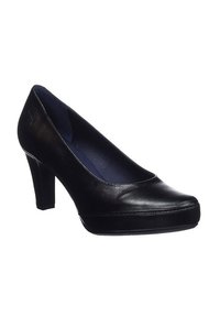 Chaussure à talons hauts en cuir noir avec un bout arrondi, un plateau modéré et un talon épais. Texture lisse avec une finition brillante.