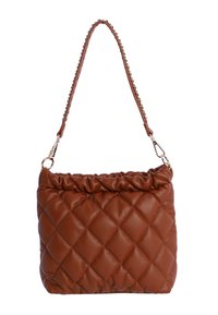 Bolso marrón acolchado con textura suave y acolchonada, correa de hombro con cadena y parte superior fruncida. Forma rectangular compacta.