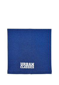 Mėlynas megztas toroidinis šalikas su lygiu paviršiumi, apačioje esantis baltas "URBAN CLASSICS" logotipas.