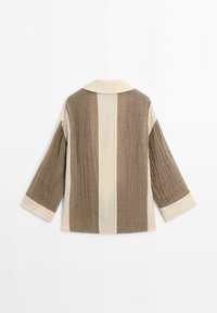 Overhemd met lange mouwen met verticale brede strepen in beige en lichtbruin, gestructureerde stof en een klassieke kraag, gezien van achteren.