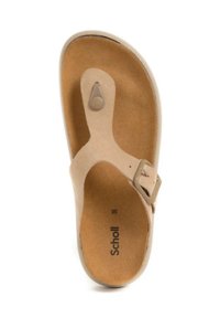 Sandalo infradito beige con una tomaia in suede testurizzata, punta arrotondata e fibbia regolabile. Presenta una soletta imbottita e una suola piatta.