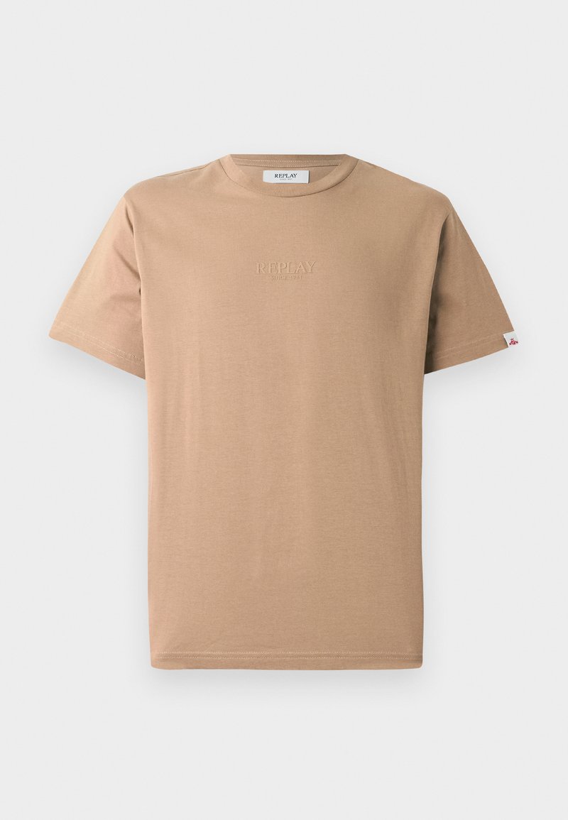 T-shirt in cotone color sabbia con collo rotondo, maniche corte e un discreto logo "REPLAY" in rilievo sul davanti. Tessuto morbido, vestibilità casual.