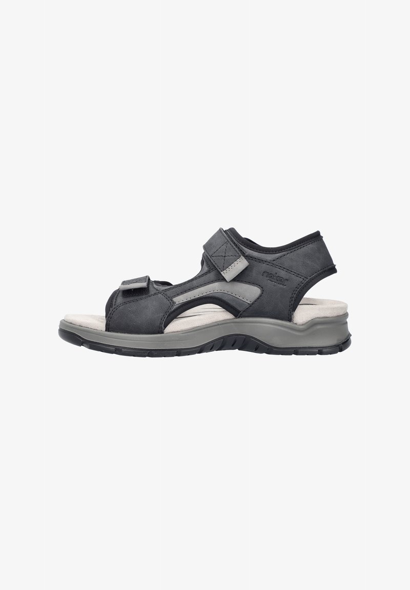 Black leather sandal with adjustable straps, grey accents, open toe design, cushioned insole, and a durable black rubber sole.