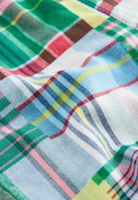 Tissu doux avec un motif à carreaux coloré comportant des rayures croisées en vert, bleu, rose, jaune, rouge et blanc.