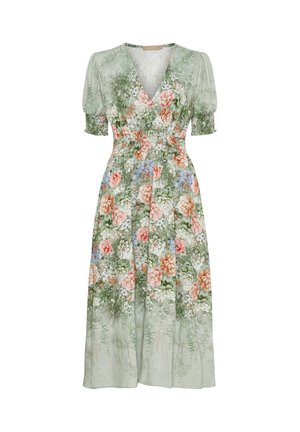 Blomster midi-kjole i grøn stof med korte puffærmer, dyb V-udskæring og elastisk talje. Har mønstre af pink, blå og hvide blomster.