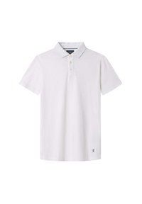 Biele polo tričko vyrobené z mäkkej tkaniny, s klasickým golierom, trojbtnovým zapínaním a malou námorníckou logom ako detailom na leme.