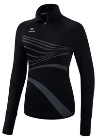 Black long-sleeve pullover with a quarter-zip neck, featuring gray abstract stripes, soft fabric, and fitted sleeves with thumbholes.