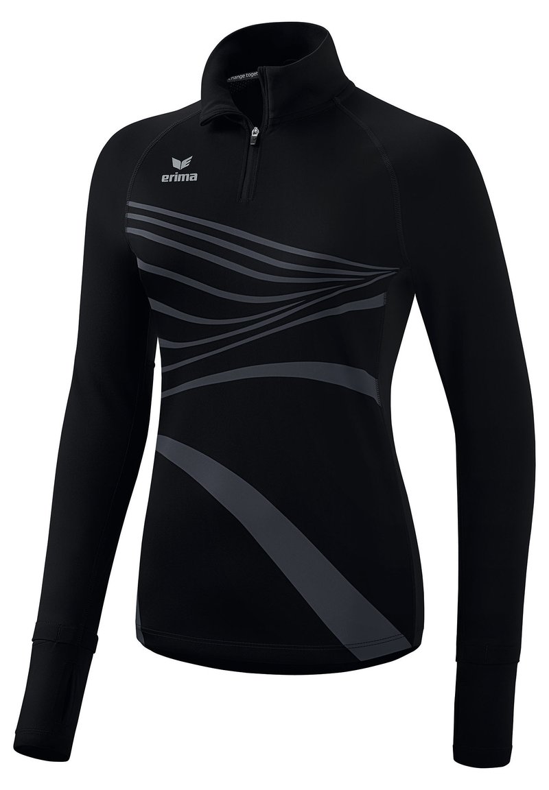 Black long-sleeve pullover with a quarter-zip neck, featuring gray abstract stripes, soft fabric, and fitted sleeves with thumbholes.