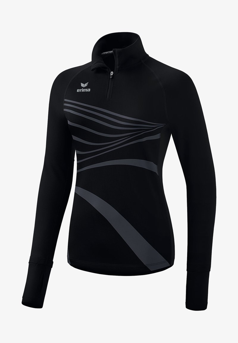 Schwarzer Langarmpullover mit einem Viertel-Reißverschluss am Kragen, der graue abstrakte Streifen, einen weichen Stoff und enganliegende Ärmel mit Daumenlöchern aufweist.