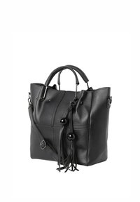 Svart syntetläder tote-väska med två handtag, justerbar axelrem och dekorerad med två runda detaljer och fransar.