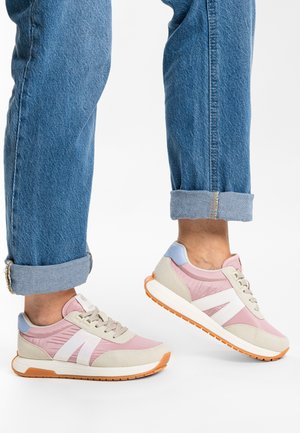 Lightweight sneakers featuring a mix of pink, beige, and blue materials. Design includes textured fabric, white accents, and an orange sole.