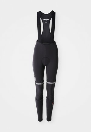 Black cycling bib tights with padded seat, reflective stripes above knees, and shoulder straps, laid flat on white background.