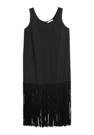 Black sleeveless dress features a straight cut and is adorned with fringe detailing at the hem, creating a textured lower edge.