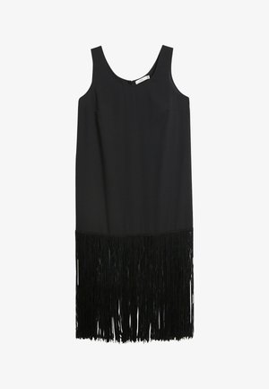 Svart ärmlös klänning med rak skärning, prydd med fransdetaljer vid fållen som skapar en texturerad nedre kant.