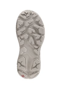 Rubber outsole with a textured tread pattern, featuring a mixture of geometric shapes in light gray, with branding near the heel.