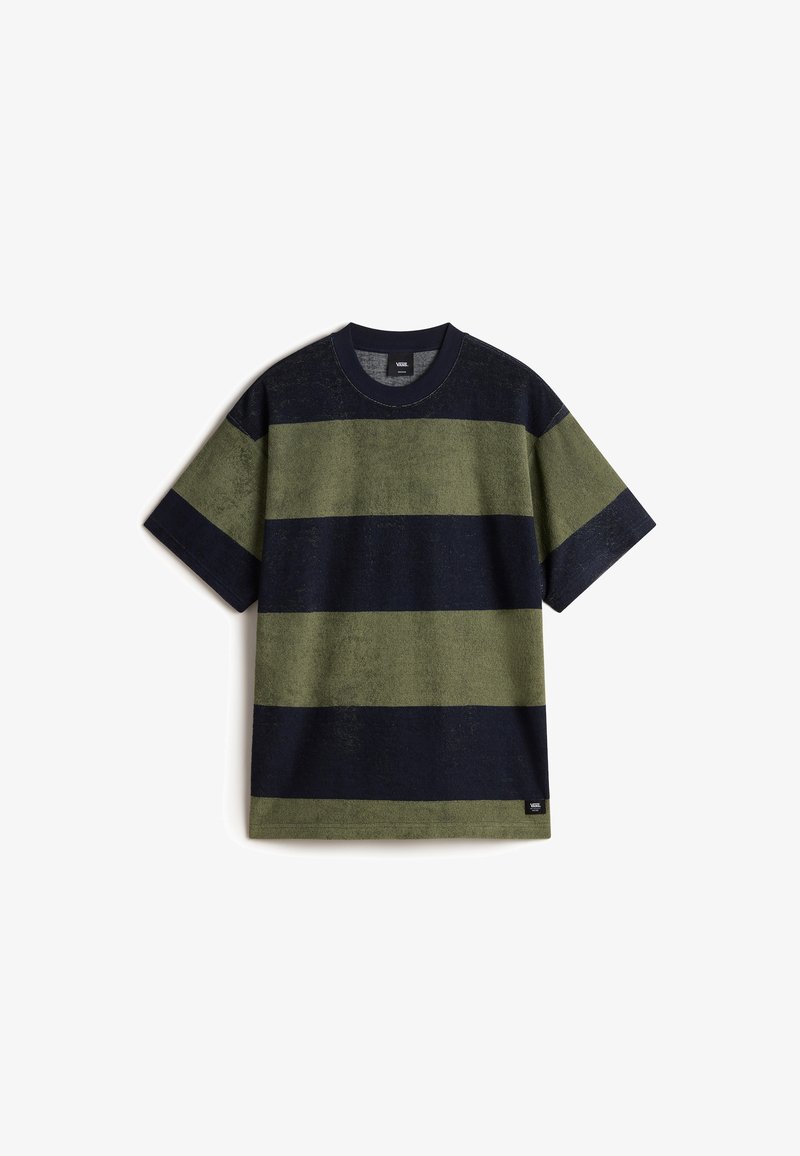 Tričko s krátkým rukávem, zelenými a námořnickými vodorovnými pruhy, kulatým výstřihem, textilní strukturou a malou logovkou na lemu.