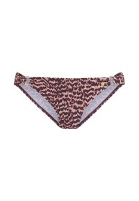Bas de bikini en imprimé léopard dans des tons de mauve et de rose, avec un accent décoratif en or sur le côté et une finition texturée.