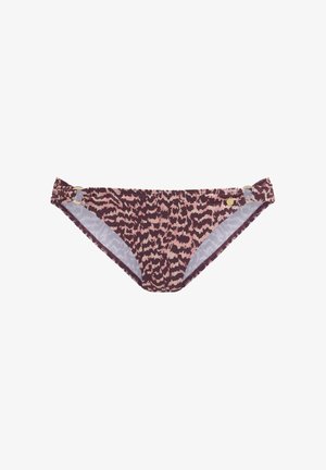 Leopardo-print bikini bottom in tinten van mauve en roze, met een decoratieve gouden accent aan de zijkant en een gestructureerde afwerking.