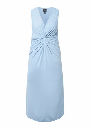 Ärmelloses, hellblaues Midikleid mit V-Ausschnitt und verdrehtem Knotendetail an der Taille, gefertigt aus glattem, fließendem Stoff.